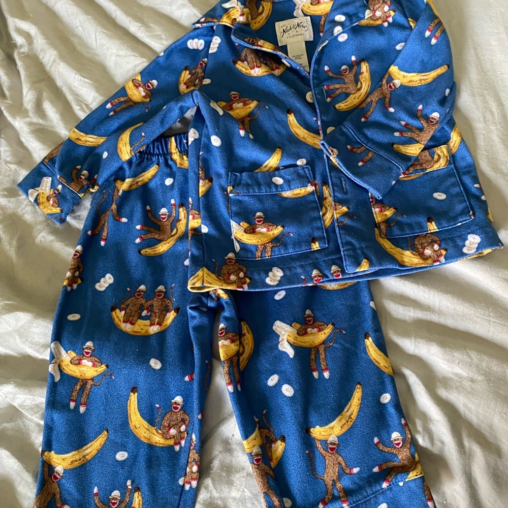 Nick & Nora Sock Monkey Bananas Pajama set kids (18m) Navy Blue 100% Poly